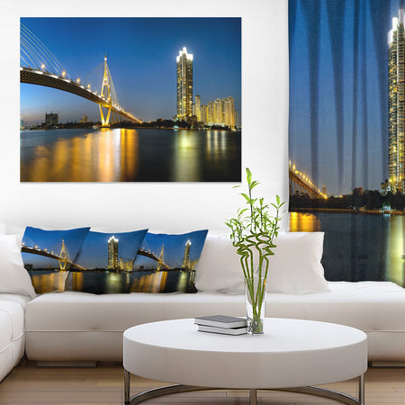 Lit-up Bhumibol Bridge at Dusk - Cityscape Artwork Canvas