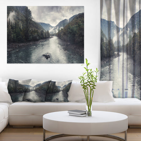 Mountain River with Fog and Rain - Modern Seascape Canvas Artwork