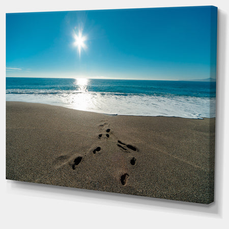 Blue Sea and Footprints in Sand - Large Seascape Art Canvas Print