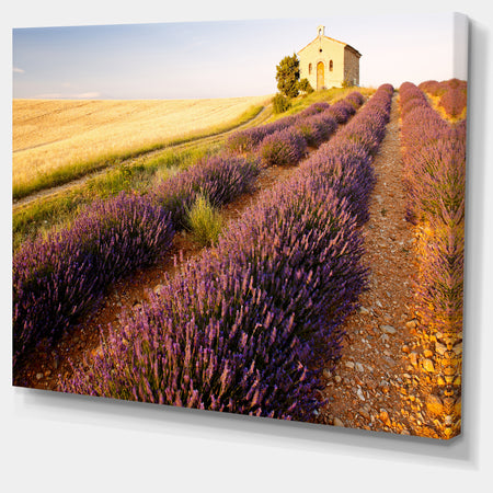 Chapel with Lavender and Grain Field - Large Flower Canvas Wall Art