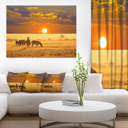 Group of Zebras Grazing At Sunset - Extra Large Animal Art Print
