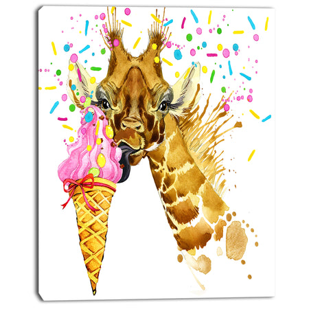 Giraffe Eating Ice Cream Watercolor - Contemporary Animal Art Canvas