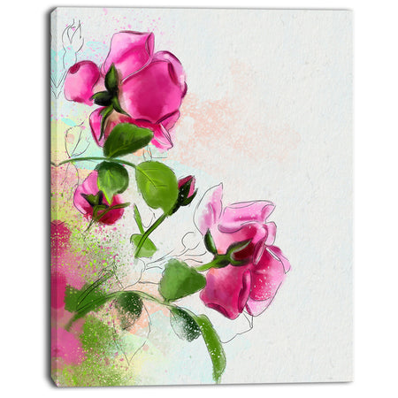 Purple Roses with Green Leaves - Modern Floral Canvas Wall Art