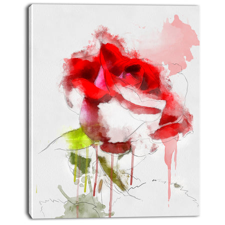 Red Rose Sketch with Red Splashes - Large Floral Canvas Artwork