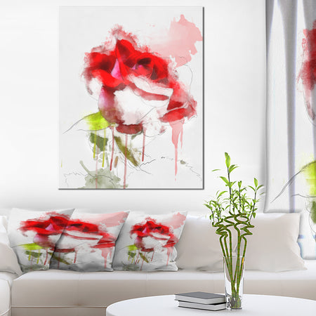 Red Rose Sketch with Red Splashes - Large Floral Canvas Artwork