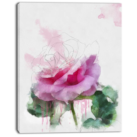 Pink Rose Stem with Paint Splashes - Large Floral Canvas Artwork