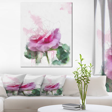 Pink Rose Stem with Paint Splashes - Large Floral Canvas Artwork