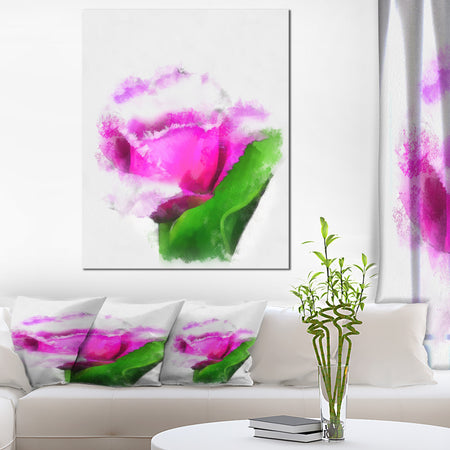 Pink Rose Watercolor with Leaves - Large Floral Canvas Artwork