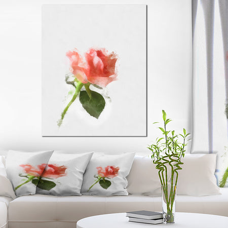Pink Rose Watercolor with Stem - Large Floral Canvas Artwork