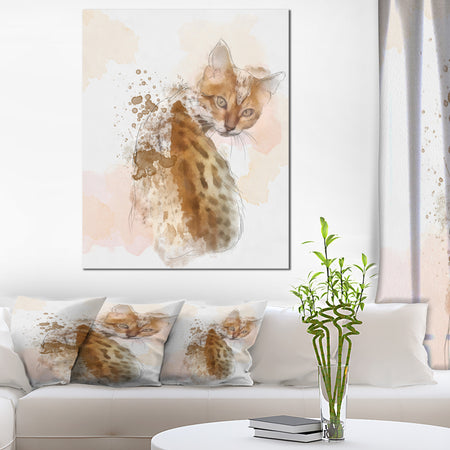 Cute Cat Sketch with Brown Splashes - Modern Animal Canvas Wall Art