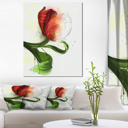 Big Red Flower with Green Leaves - Extra Large Floral Canvas Art