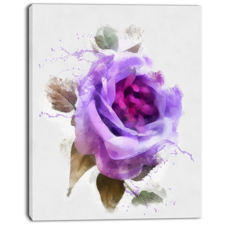 Watercolor Purple Rose with Leaves - Floral Canvas Artwork Print