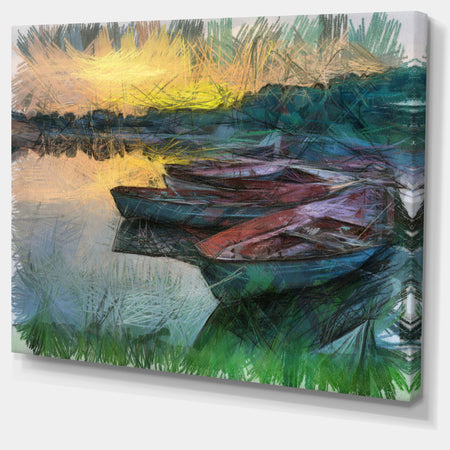 Fishing Boats by River Watercolor - Landscape Canvas Wall Art