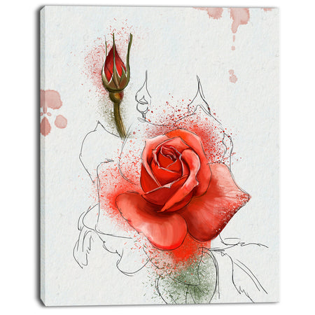 Red Watercolor Rose Sketch - Floral Canvas Artwork Print