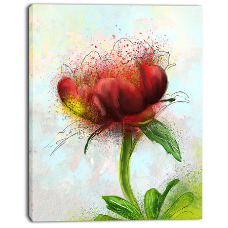Cute Red Green Watercolor Flower - Floral Canvas Artwork Print