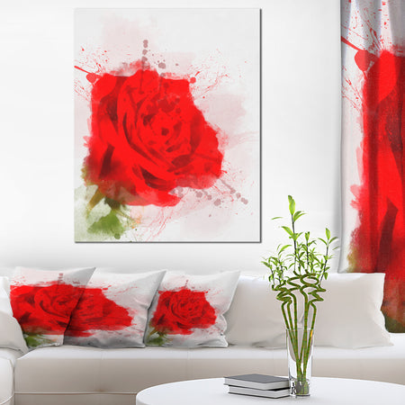 Bright Red Watercolor Rose Sketch - Floral Canvas Artwork Print