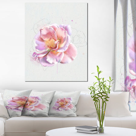 Cute Watercolor Pink Rose Sketch - Flowers Canvas Wall Artwork