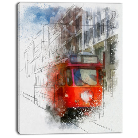 Red Trolley Car Watercolor Sketch - Large Cityscape Artwork on Canvas