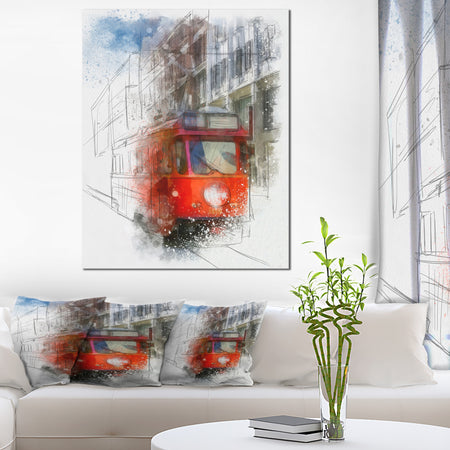 Red Trolley Car Watercolor Sketch - Large Cityscape Artwork on Canvas