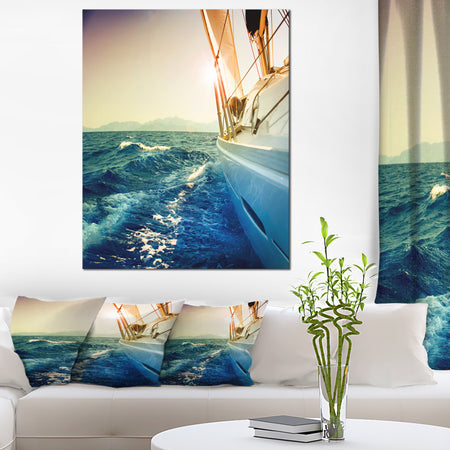 Sepia-toned Yacht Sailing in Sea - Large Seashore Canvas Wall Art