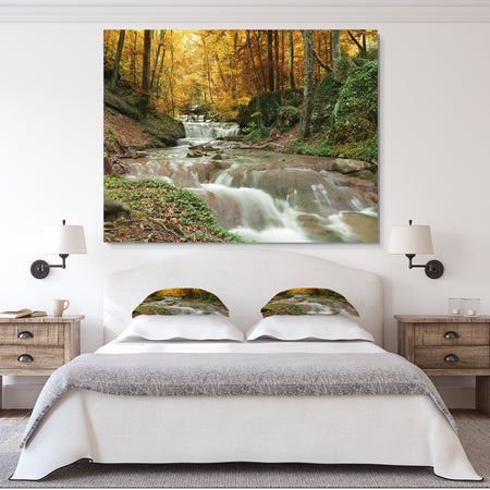 Forest Waterfall with Yellow Trees - Landscape Canvas Art Print