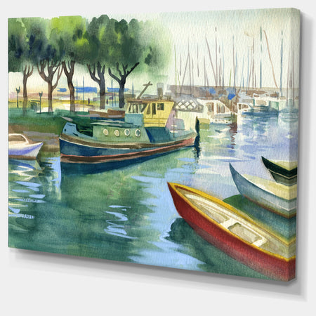 Boats in River Watercolor - Landscape Wall Artwork