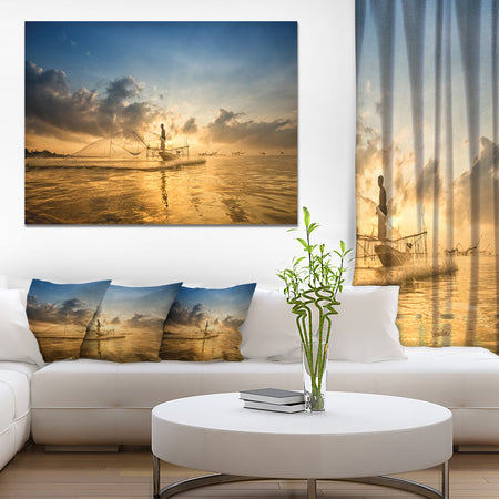 Design Canvas Art Print 'Pakpra with Fisherman at Sunrise - Extra Large Landscape Canvas Art Print