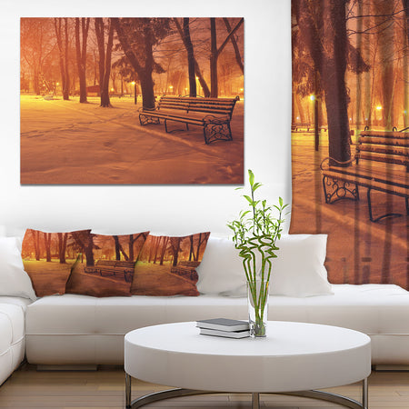 Design Canvas Art Print 'Snow Covered Benches in Evening - Large Landscape Canvas Art Print