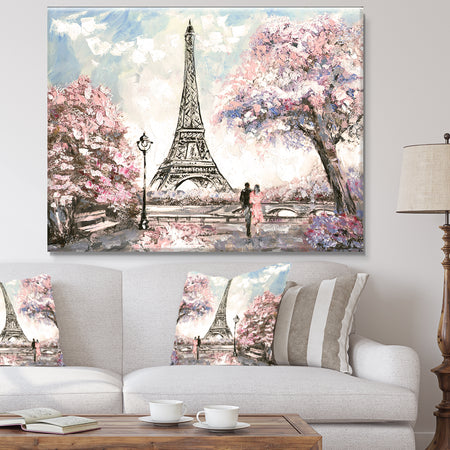 Eiffel with Pink Flowers Landscape Canvas Art Print