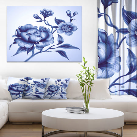 Blue Peony Rose and Sakura Flowers - Modern Floral Large Canvas Art