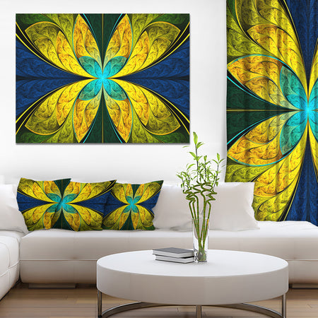 Bright Yellow Blue Fractal Flower - Extra Large Floral Wall Art on Canvas