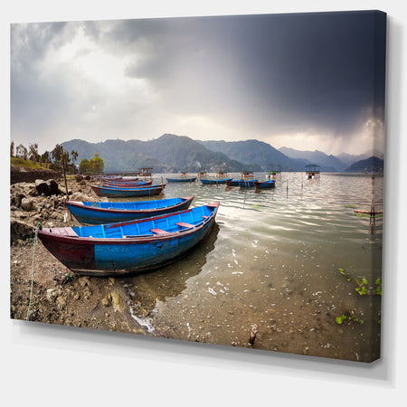 Blue Boats in Pokhara Lake - Boat Canvas Wall Art
