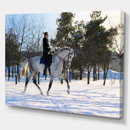 Girl on white dressage horse in winter f - Farmhouse Animals Photographic on wrapped Canvas
