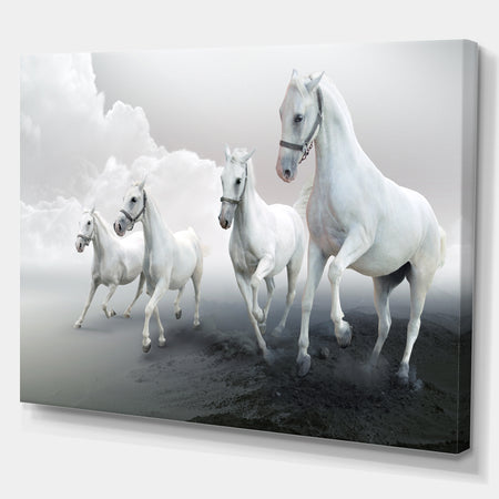 Four White Horses in Cloudy Day - Farmhouse Animals Photographic on wrapped Canvas