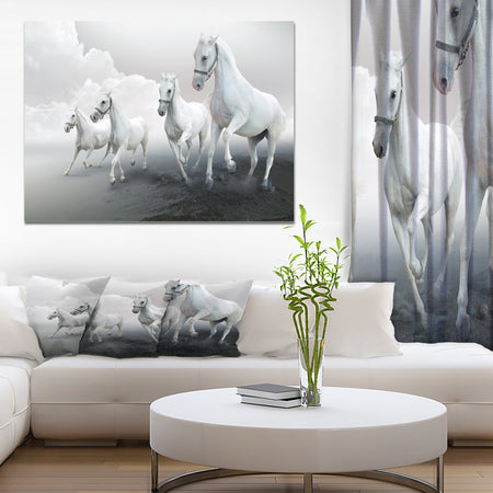 Four White Horses in Cloudy Day - Farmhouse Animals Photographic on wrapped Canvas