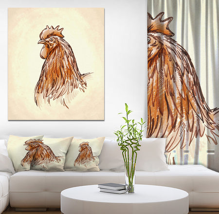 Rooseter in Engrave Ink Draw - Farmhouse Animal Painting Print on Wrapped Canvas