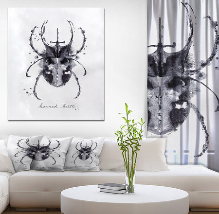 Monotype horned beetle black - Animals Painting Print on Wrapped Canvas
