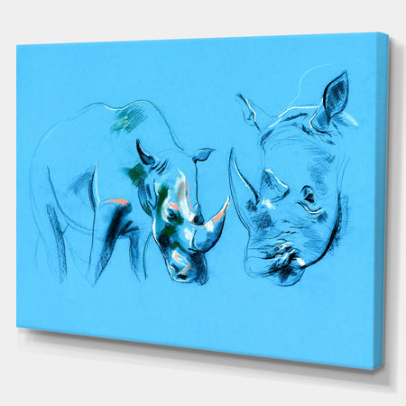 Rhinoceros painting in Blue Background - Animals Sketch Painting Print on Wrapped Canvas