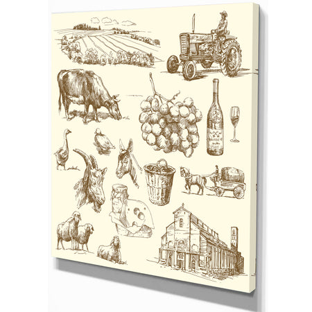 Farm collection - Sketch of Farmhouse Animals of Painting Print on Wrapped Canvas