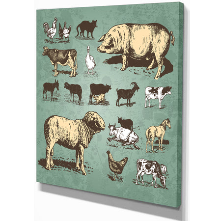 Farm animals vintage set - Sketch of Farmhouse Animals of Painting Print on Wrapped Canvas