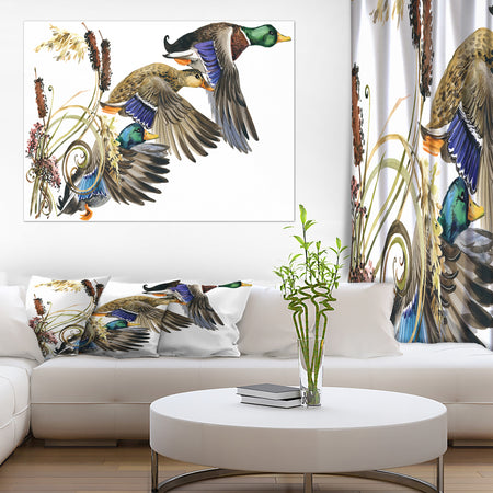 Three Flying Ducks in Colored illustration - Farmhouse Animal Painting Print on Wrapped Canvas