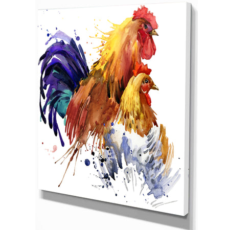 Chicken and Rooster Family - Illustration of Farmhouse Animals of Painting Print on Wrapped Canvas