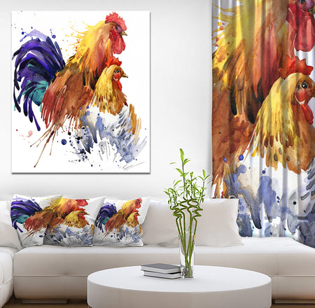 Chicken and Rooster Family - Illustration of Farmhouse Animals of Painting Print on Wrapped Canvas