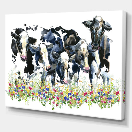 Dairy cow on the field watercolor illustration. - Farmhouse Animal Painting Print on Wrapped Canvas