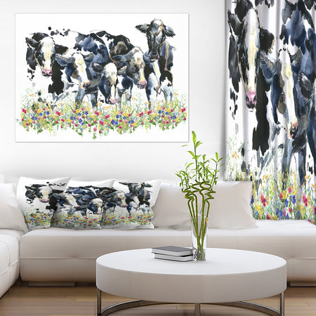 Dairy cow on the field watercolor illustration. - Farmhouse Animal Painting Print on Wrapped Canvas