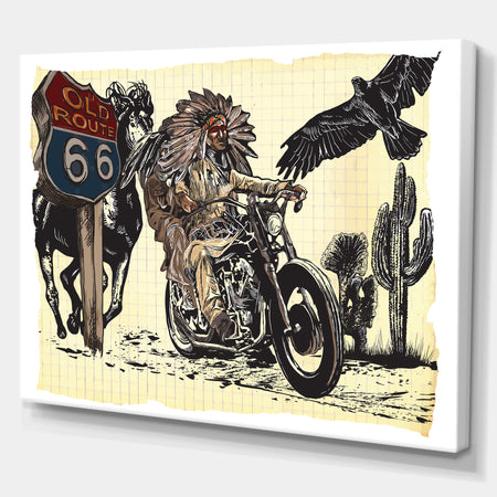 Native American in Motorcycle - Sketch of Indian Animals Painting Print on Wrapped Canvas
