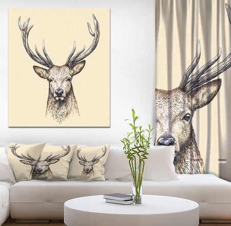 Engrave deer illustration - Sketch Animals Painting Print on Wrapped Canvas
