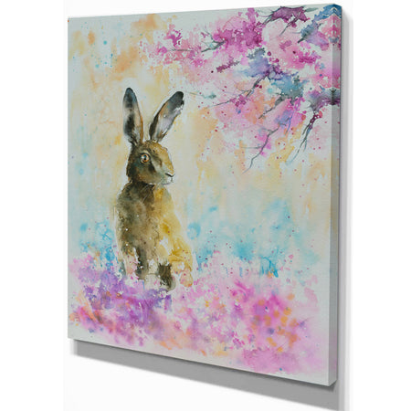 Hare on the spring meadow - Kids Animals Painting Print on Wrapped Canvas