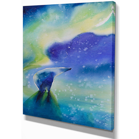 Polar bear with aurora Borealis - Animals kids Painting Print on Wrapped Canvas