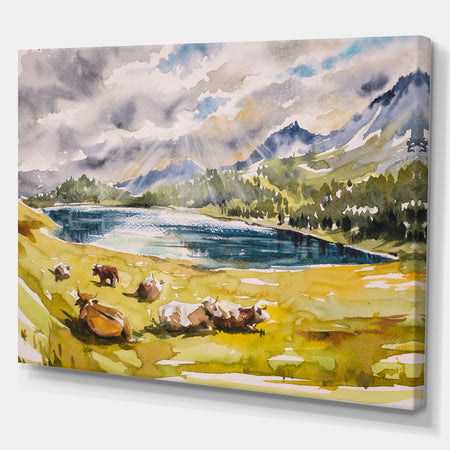 Cows on a meadow - Farmhouse Animals Painting Print on Wrapped Canvas